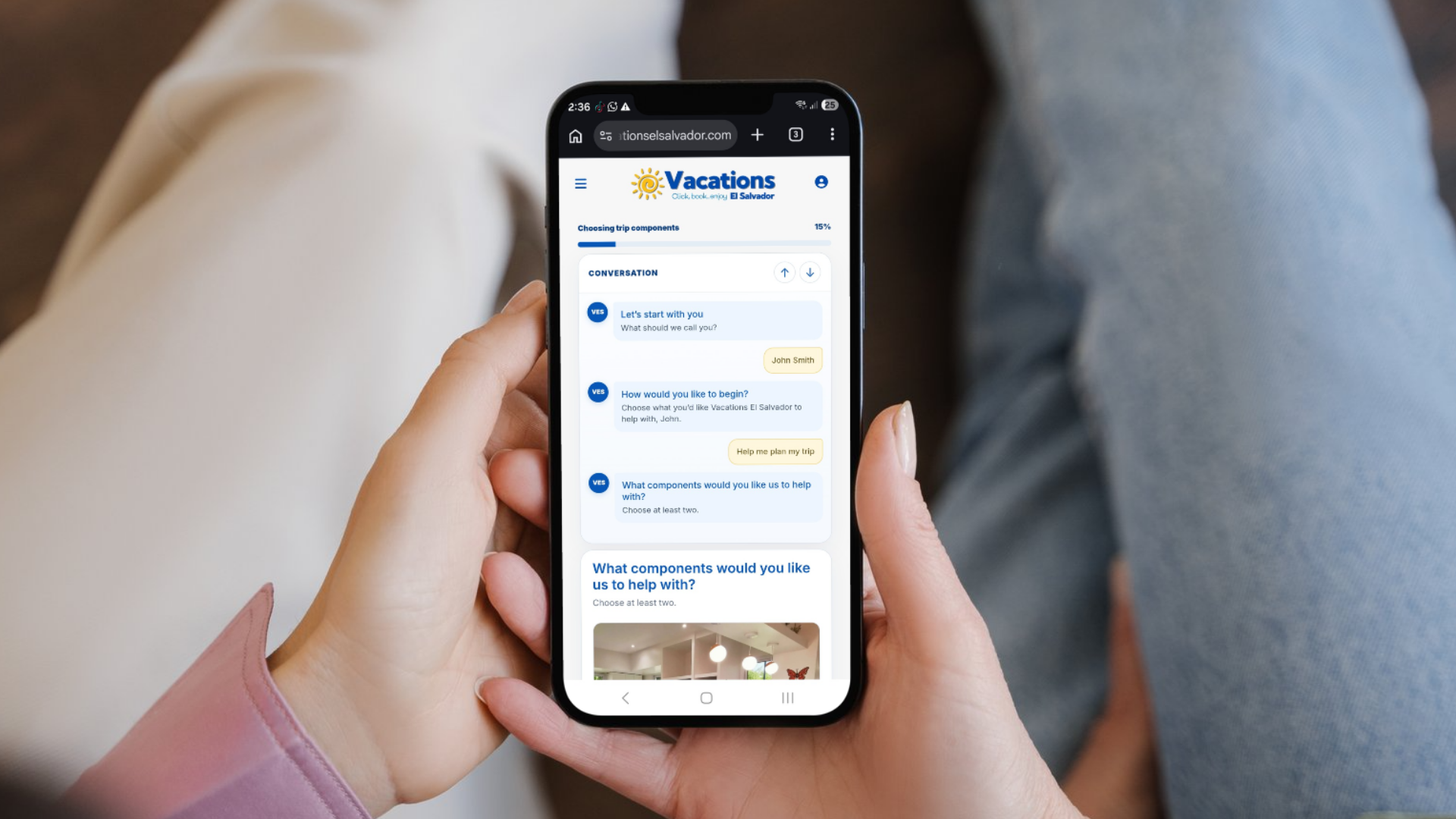 Vacations El Salvador Smart Trip Builder on a mobile phone